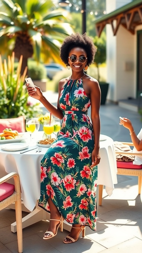 A stylish black woman in a floral dress at a summer brunch, with a table of food and drinks in a sunny outdoor setting.